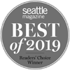 Silver circular badge reading "Seattle Magazine Best of 2019 Readers' Choice Winner."
