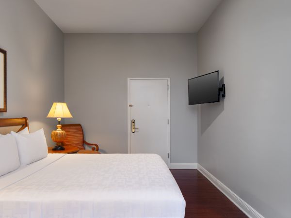 A neatly arranged hotel room with a bed, wall-mounted TV, door, lamp, and chair. Light gray walls and wood flooring complete the look.