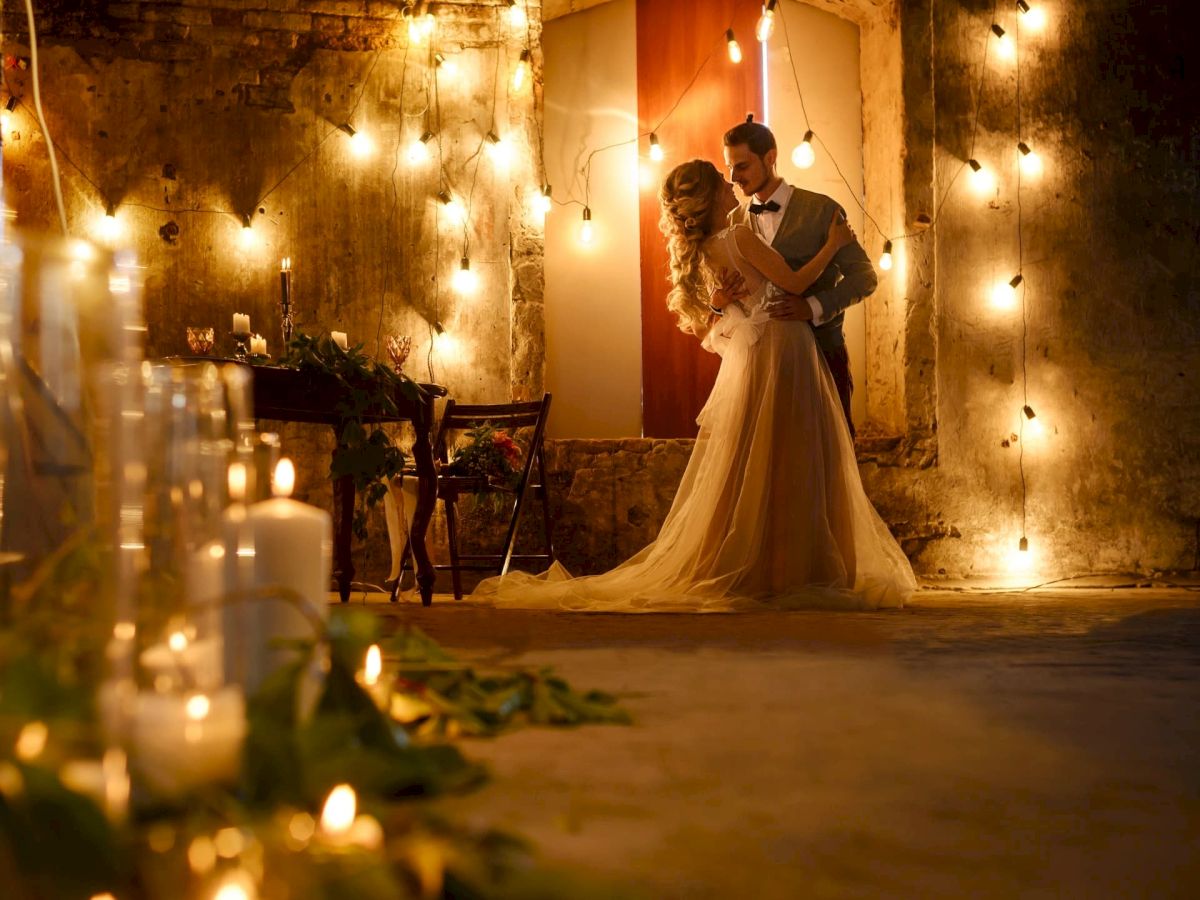 A couple dances in a warmly lit rustic setting, surrounded by candles and string lights, creating a romantic atmosphere.